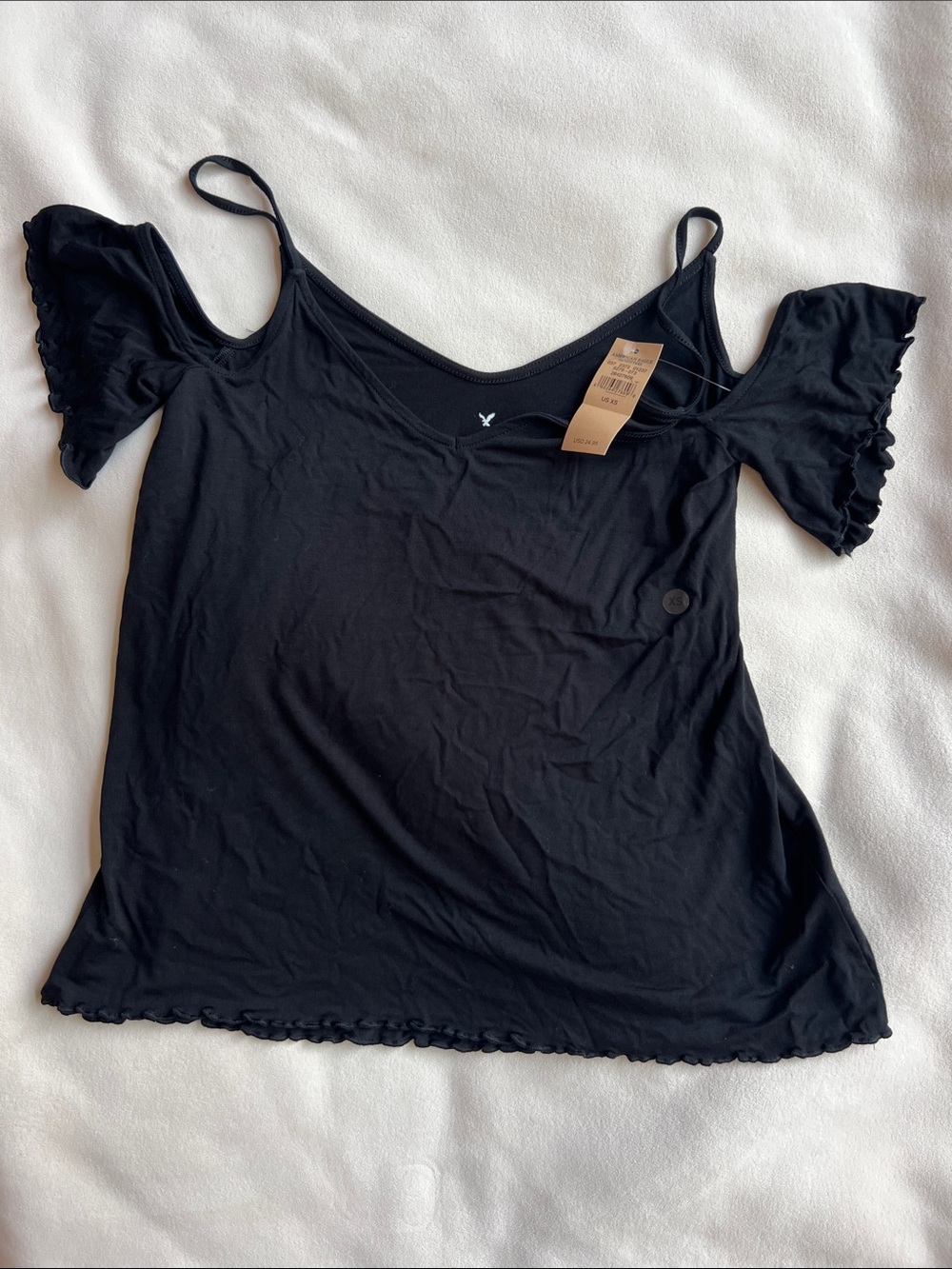 American Eagle Outfitters Black Cold-Shoulder Ruffle Strap Top black nwt